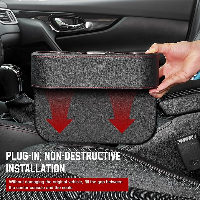 Car Cup Holder Gap Filler Organizer, Multifunctional Car Console Side Organizer with 2 Cup Holders, Leather Seat Gap Filler Portable Drink Holders Storage Box for Most Vehicles (Black)