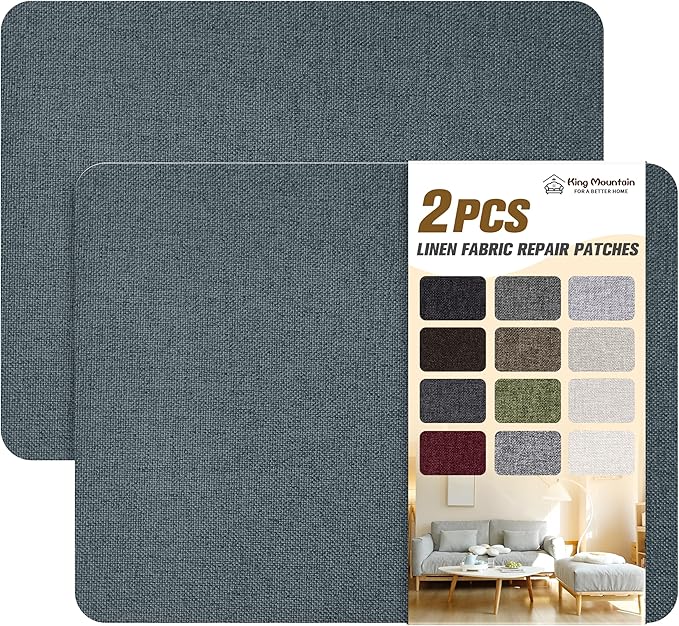 KING MOUNTAIN Coarse Linen Repair Patches, Self-Adhesive Linen Fabric Patches, 8X11 inch 2 PCS, Multi Color, Can be Used for Linen Sofa Repair (8" x 11"-2PCS,Blue Dark Grey)