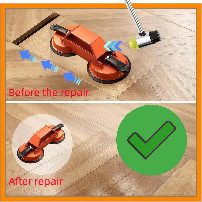 Heavy Duty Floor Gap Fixer Tool, Iron Construction with Enhanced Suction Cup & 5 Sticky Pads+Rubber Mallet, 45° Striking Surface, Perfect for Laminate & Solid Wood Floor Gap Repair