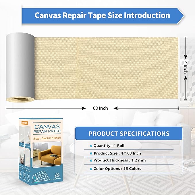 KING MOUNTAIN Canvas Repair Tape,Outdoor Gear Patch, 4×63 Inches,Waterproof,Self-Adhesive for Repairing Boat Covers,Sun Shades,Sofas,Tents,Lounge Chairs,Awnings (Beige)
