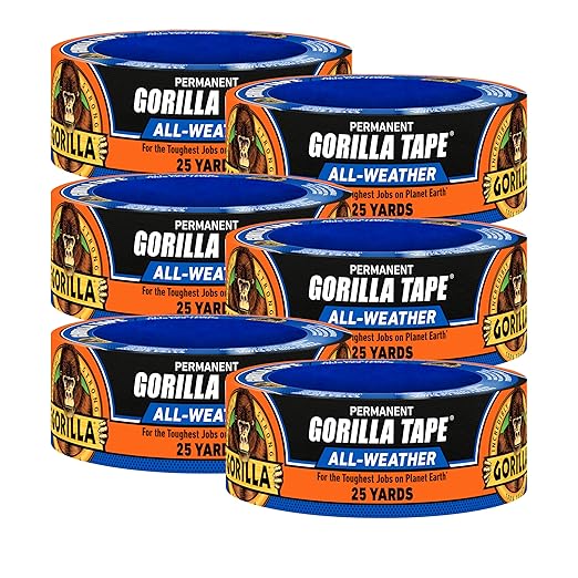 Gorilla All Weather Duct Tape, Black, 1.88" x 25 yd (Pack of 6) - UV and Temperature Resistant Waterproof Tape for Outdoor Repairs