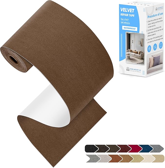 KING MOUNTAIN Couch Fabric Repair Patch, Fabric Patches for Furniture, 4" x 63" Waterproof Velvet Repair Tape for Sofas, Car Seats, Furniture, Upholstery Fabrics and Velvet Goods. （Brown）
