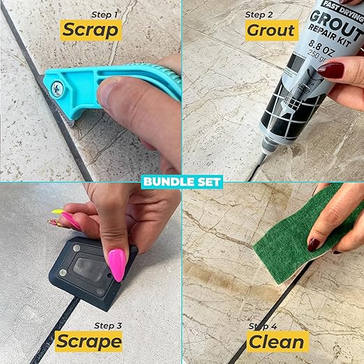 PentaUSA Tile Grout Repair Kit with Removal Tool - Premixed Acrylic Sanded Grout Filler for Bathroom, Shower, and Kitchen, Includes Applicator Spatula, and Sponge - Black (8.8oz / 250g)