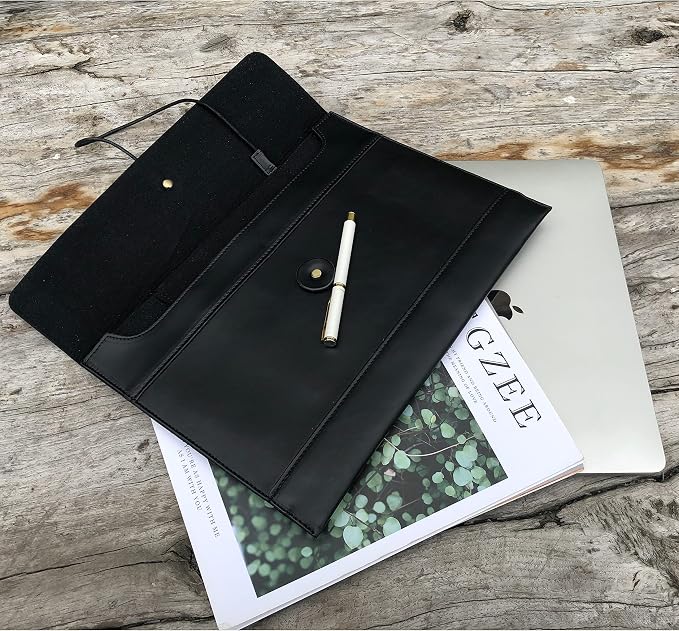 Vintage pu Leather 13.5" Certificate File Sleeve Case Business Manila Clutch Envelope Bag Office Documents Folder (Black)