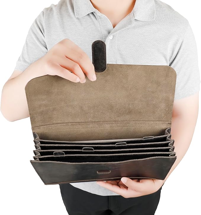 Genuine Leather File Folder, Accordian File Organizer, Leather Document Holder Resume Folio for Men & Women-Grey-Custom