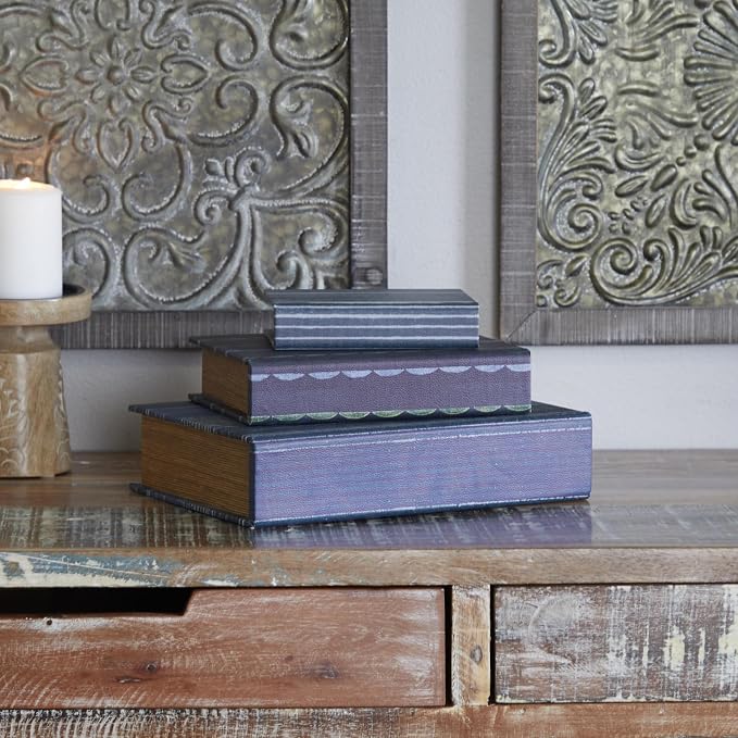 Deco 79 Faux Leather Decorative Box Faux Storage Book Book Shaped Boxes with Varying Striped Patterns, Set of 3 Decorative Keepsake Boxes 12", 9", 6"H, Blue