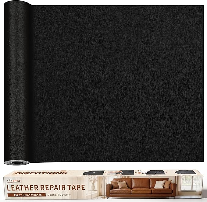ONine Leather Repair Patch，Leather Repair Tape, 16 x 90 inches Leather Repair Patch for Furniture,Vinyl Repair Kit，Leather Couch Patch，for Sofas, Furniture, Car Seats(Black-Fine Grain)