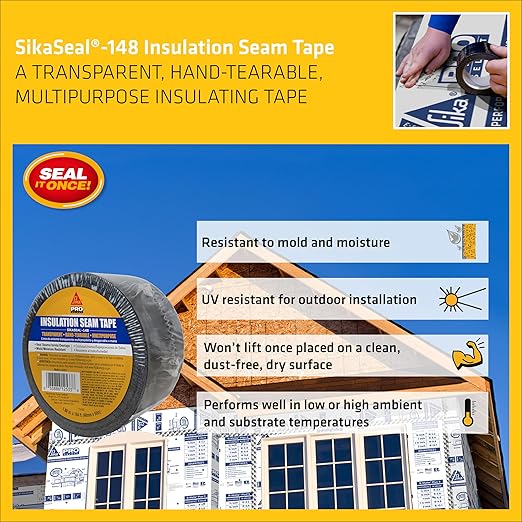 SIKA SikaSeal-148 Insulation Seam Tape - Clear, Multipurpose, Hand-Tearable Acrylic Adhesive - Indoor/Outdoor Use, UV Resistant, Moisture & Mold Resistant, 2-in x 164 ft