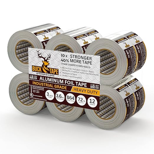 12 Pack Buck Aluminum Foil Tape – 3 Inch x 216ft (72 yd), 3.6 Mil – HVAC Tape for Ductwork, AC, Dryer Vents & Insulation – Silver Foil Tape for Metal Repair, Exhaust Sealing & Air Conditioning