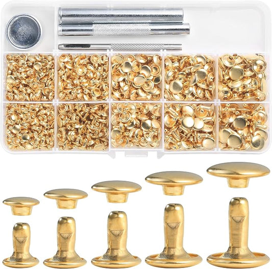 YORANYO 340 Sets Leather Rivets Kit Mixed Sizes Rivets for Leather Double Cap Rivets Studs for Clothing Fabric with Leather Crafting Rivet Tool for Repair Decorate Clothes Shoes Bags Belts (Gold)