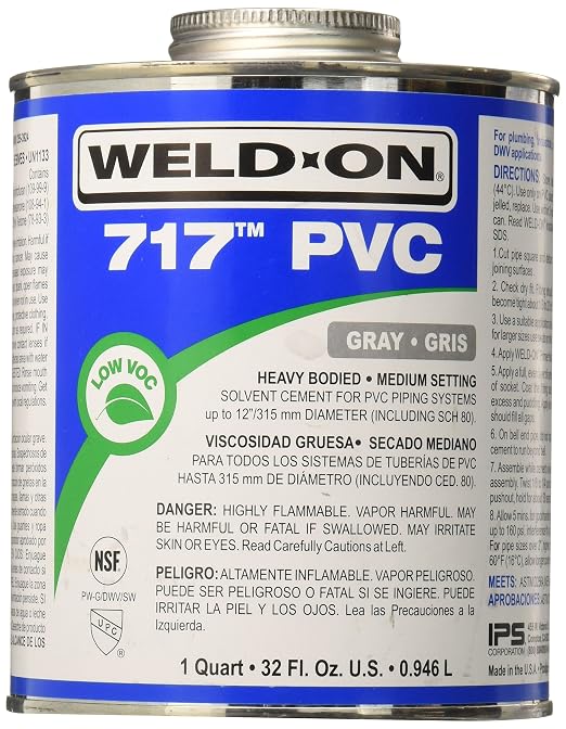 Weld-On 10145 717 PVC Heavy Bodied High Strength Solvent Cement - Medium Setting and Low-VOC, Gray, 1 Quart (32 fl oz)