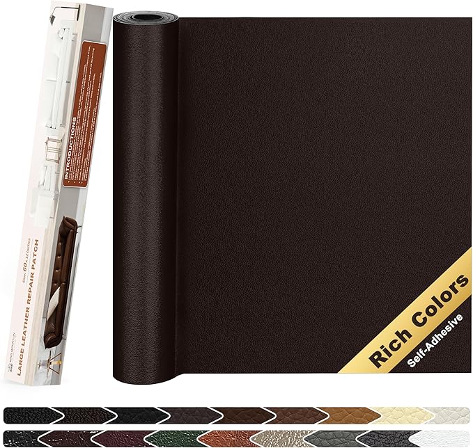 KING MOUNTAIN Leather Repair Patch, 12 x 60 Inches Self-Adhesive Repair Tape for Damaged Furniture, Sofa Seating, Car Seats, Goods (Fine Grained Dark Brown)