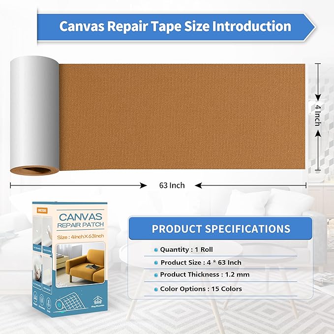 KING MOUNTAIN Canvas Repair Tape,Outdoor Gear Patch, 4×63 Inches,Waterproof,Self-Adhesive for Repairing Boat Covers,Sun Shades,Sofas,Tents,Lounge Chairs,Awnings (Light Brown)