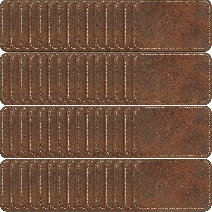 Dunzy 60 Pcs Leather Hat Patches Blank Leatherette Hat Patch with Adhesive Rectangle Laserable Leatherette Patch for Hats Custom Fabric Sew Laser Engraving DIY(Golden Brown,3 x 2 Inch)