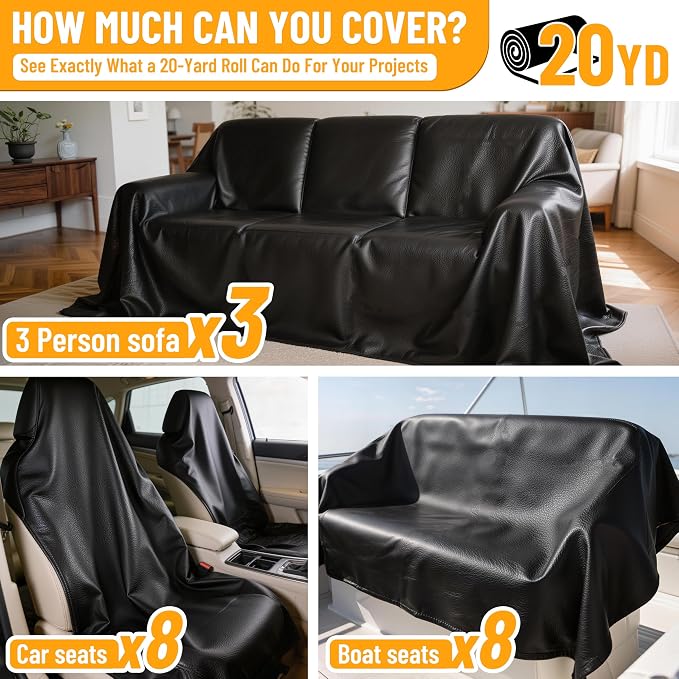 Meneng Marine Vinyl Faux Leather: 20-Yard Roll UV-Resistant PU Leather for Yacht Interiors - Heavy-Duty Black Vinyl by The Roll for Furniture Repair & Auto Interior Projects