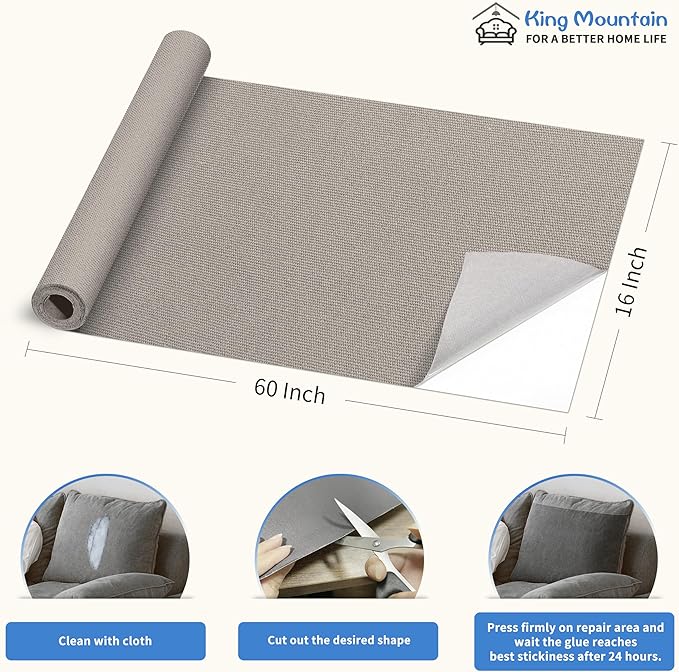 KING MOUNTAIN Canvas Repair Patch 16×60 Inch Self-Adhesive Waterproof Fabric Patch for Sofas, Tents, Furniture,Tote Bags, Car Seats (Light Grey)