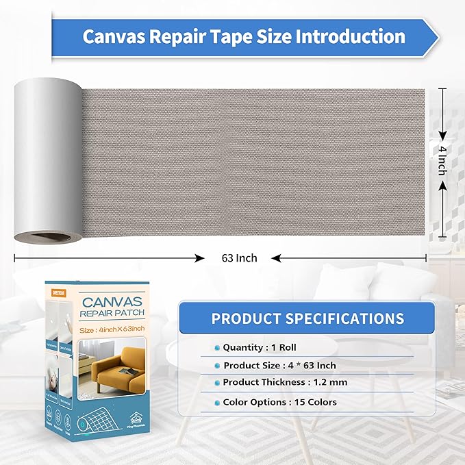 KING MOUNTAIN Canvas Repair Tape,Outdoor Gear Patch, 4×63 Inches,Waterproof,Self-Adhesive for Repairing Boat Covers,Sun Shades,Sofas,Tents,Lounge Chairs,Awnings (Light Grey)
