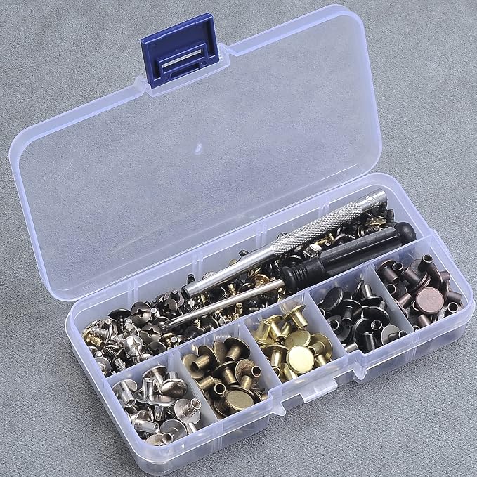 YORANYO 125 Sets Mixed Colors Round Flat Head Chicago Screws for Leather Crafting - Rivet Kit for Clothing, Shoes, Belts, Bags - 25/64 Inch Button Studs