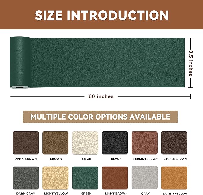 TIANLDD Leather Repair Tape,3.5 x 80 Inches Self Adhesive Leather Repair Patch，Leather Repair Kit for Furniture，Couches,Car Seats,Cabinets,Handbags(Dark Green-Fine Lines)