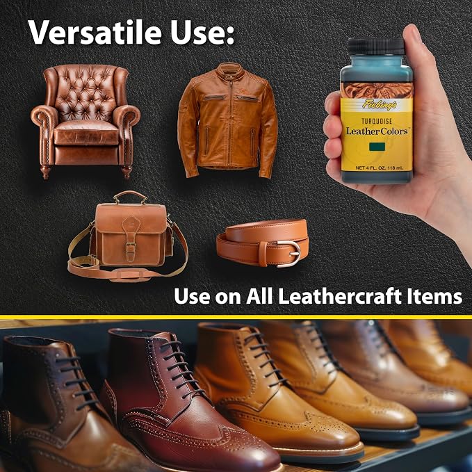 Fiebing's LeatherColors (4 Fl Oz, Turquoise) - Leather Dye for Natural Leather - Water-Based, Non-Flammable Formula - Permanent & Penetrating Color for Shoes, Boots, Furniture - Safe for Institutions