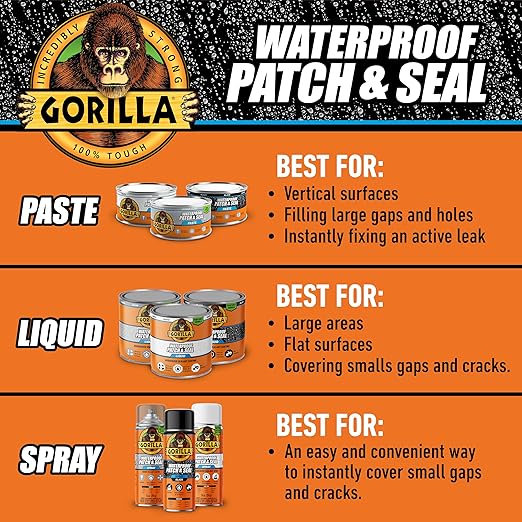 Gorilla Waterproof Patch & Seal Rubberized Sealant Paste, 12.8 Ounce Can, Clear (Pack of 1) - Stops Leaks, Flexible Gap & Crack Filler, Shrink & Mildew Resistant, Paintable