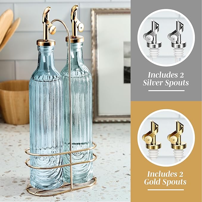 COOK WITH COLOR Glass Olive Oil Bottle Dispenser - 2 Pack- 17oz Oil and Vinegar Cruet - Olive Oil Carafe Decanter for Kitchen, Elegant Fluted, Blue