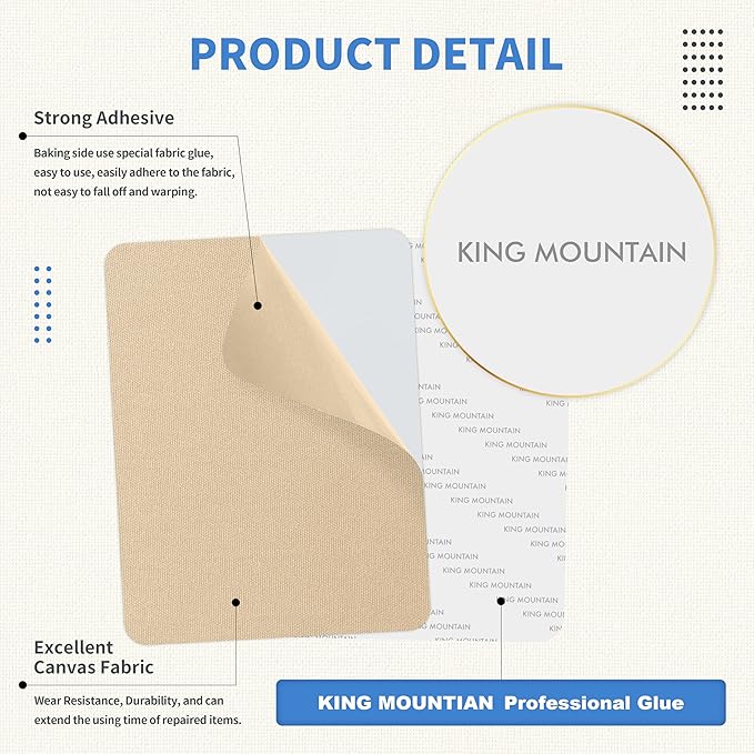 KING MOUNTAIN Canvas Repair Patch 9 x11 Inch 2 Pcs Self-Adhesive Waterproof Fabric Patch for Sofas, Tents, Furniture,Tote Bags, Car Seats (Khaki)