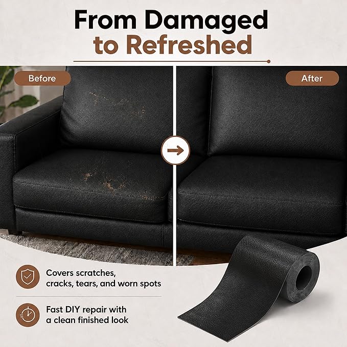 ONine Leather Repair Tape,Self Adhesive Leather Repair Patch,Leather Patches for Furniture,Sofa,Car Seats,Office Chair. Vinyl Repair Kit 3x60in (Black)