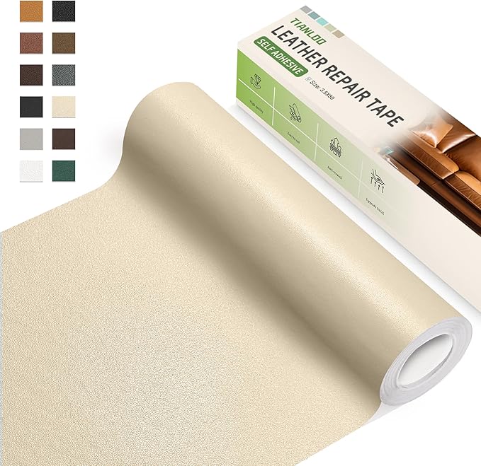 TIANLDD Leather Repair Tape,3.5 x 80 Inches Self Adhesive Leather Repair Patch，Leather Repair Kit for Furniture，Couches,Car Seats,Cabinets,Handbags(Beige-Fine Lines)