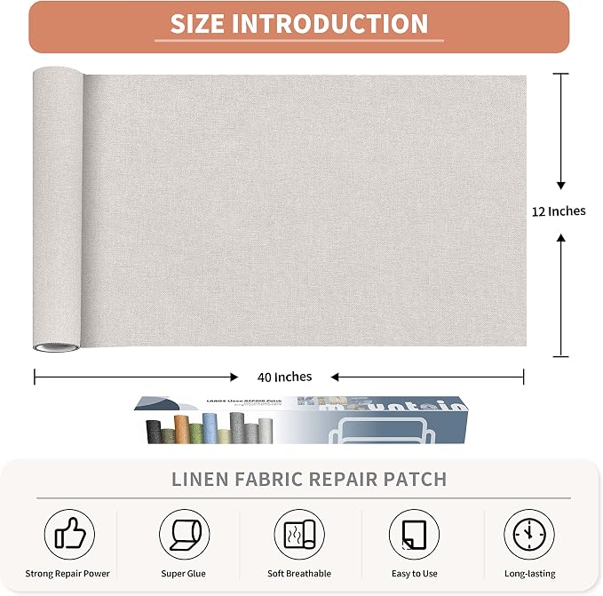 Fine Linen Fabric Patches, Self-Adhesive, Extra Large 12x40 Inch, Multi Color, for Sofa & Furniture Repair (Beige)