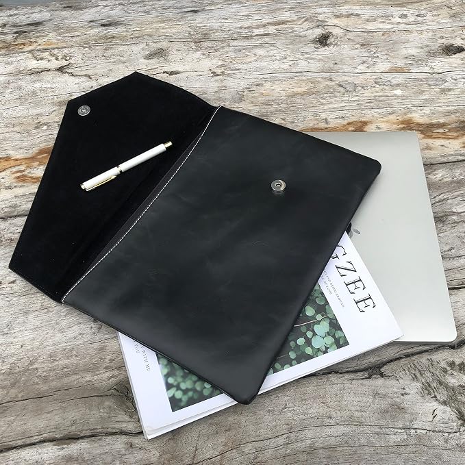 Vintage pu Leather 13.5" Business Clutch Envelope Bag Documents Certificate Laptop Sleeve Case Office File Folder (Black)