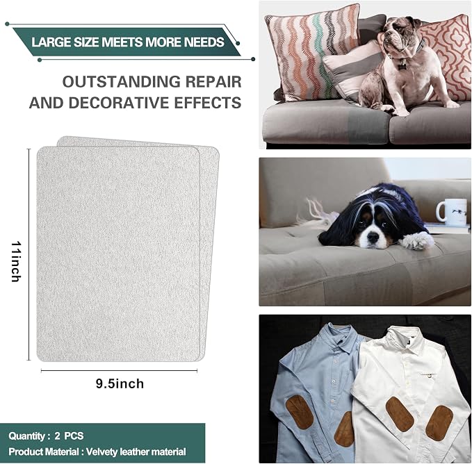 Azobur Couch Patch Repair Fabric,Microfiber Fabric, Self-Adhesive, for Sofa Repair and Upholstery, 2 Pieces, 9.5 x 11 inches (Light Gray)