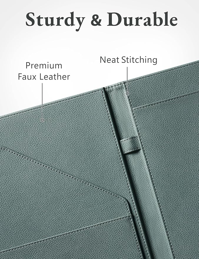 Mymazn Padfolio Portfolio Folder, Faux Leather Interview Resume Folder with Document Organizer & Business Card Holder, Letter-Sized Notepad Legal Pad Holder for Men Women (Grey Green) | Faux Leather Binder with Document Organizer, Business Card Holder,...