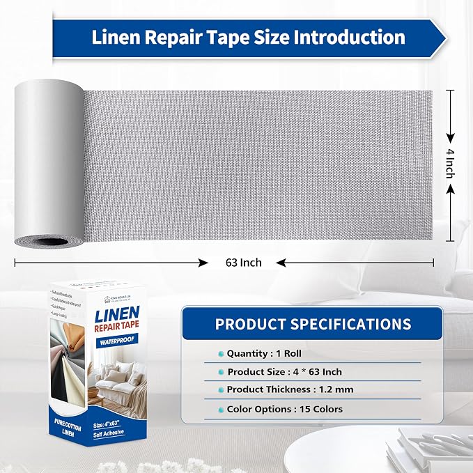 KING MOUNTAIN Linen Repair Patches, Self-Adhesive Fabric Patches, 4 X 63 inch Extra Size, Multi Color, Can be Used for Sofa Repair (Light Grey 3.0)
