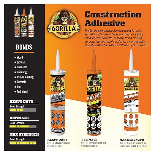 Gorilla Construction Adhesive Ultimate, 9 ounce Cartridge, White (Pack of 12)
