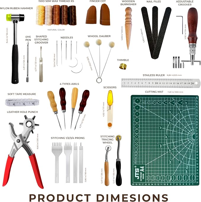 MINUS MUKYS Leather Working Kit Complete Leather Tools Set for Crafts Shoe Repair Kit Belts Includes Hole Puncher for Crafts Sewing Tools Awl Stitching Tool Cutting Mat Ideal for Beginners