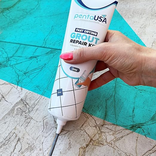PentaUSA Tile Grout Repair Kit - Gray Premixed Acrylic Sanded Grout, Water-Resistant Grout Filler for Bathroom&Shower, Kitchen Floor, Fast Drying, with Applicator, 13.4 oz (380g)