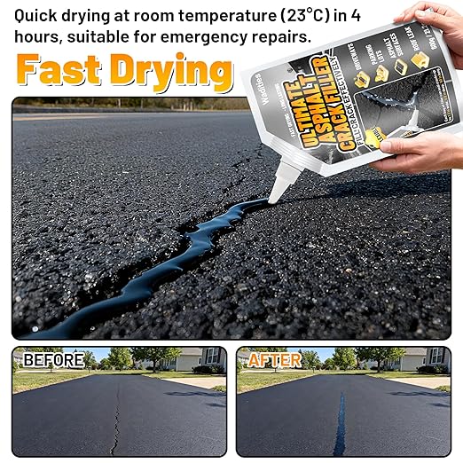 Asphalt Crack Filler, 8LB High Elasticity Cement Crack Filler, Self Leveling Waterproof Repair Sealant for Driveway, Walkway, Blacktop Concrete Joint, Outdoor Quick Drying Sealer - Black