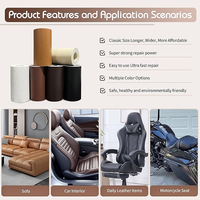 KING MOUNTAIN Leather Repair Patch,4 x 63 Inches self Adhesive Leather Repair Tape for Damaged Leather Furniture, Sofa Seating,Car Seats, Leather Goods（Classic Brown）