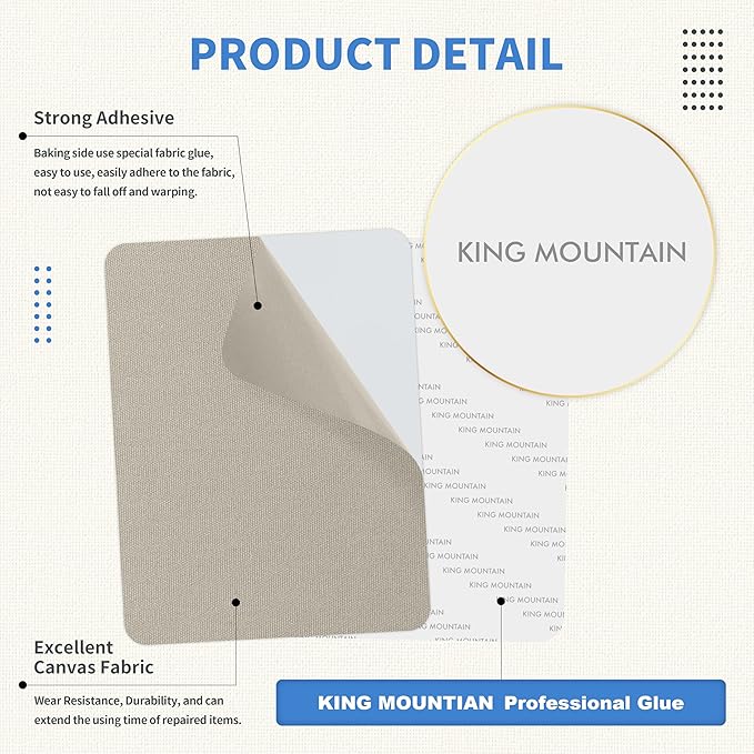 KING MOUNTAIN Canvas Repair Patch 5×8 Inch 8 Pcs Self-Adhesive Waterproof Fabric Patch for Sofas, Tents, Furniture,Tote Bags, Car Seats (Grey2.0)