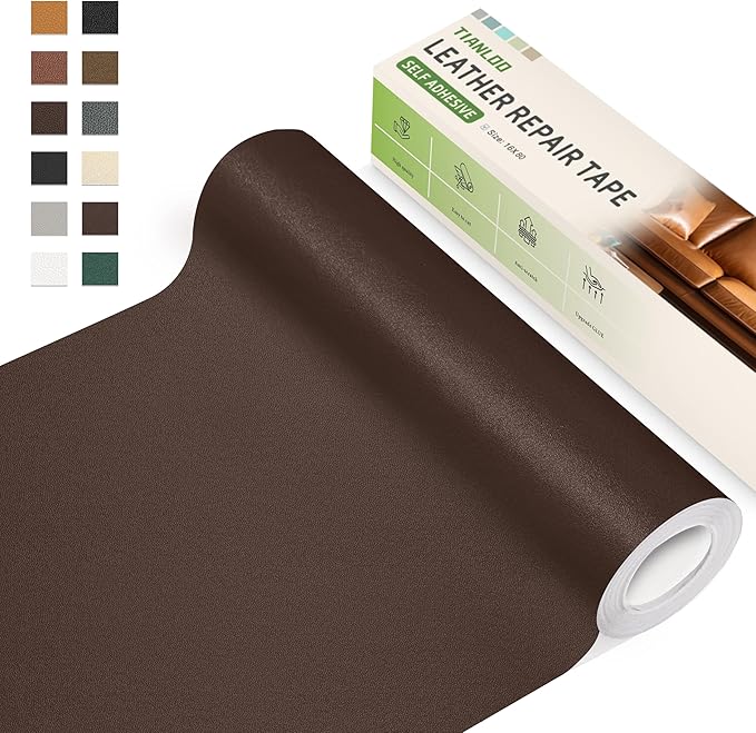 TIANLDD Leather Repair Tape,16 x 80 Inches Self Adhesive Leather Repair Patch，Leather Repair Kit for Furniture，Couches,Car Seats,Cabinets,Handbags(Dark Brown-Fine Lines)