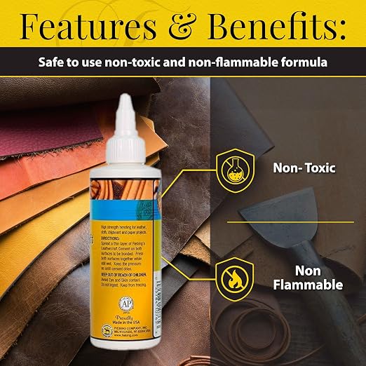 Fiebing's Leathercraft Cement - Leather Glue Adhesive (2 Pack, 4 oz Each) - Quick Drying, High Strength, Flexible, Non-Toxic, Permanent Bonding Leather Repair for Jackets, Shoes, Furniture, Purse