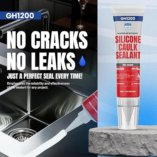 GH1200 White Silicone Sealant - 150 ML/5 FL Oz Waterproof Sealant for Kitchen & Bathroom - Shrink & Crack Proof Silicone Caulk - Indoor & Outdoor Use Sealant - Strong Formula Silicone Adhesive Tube