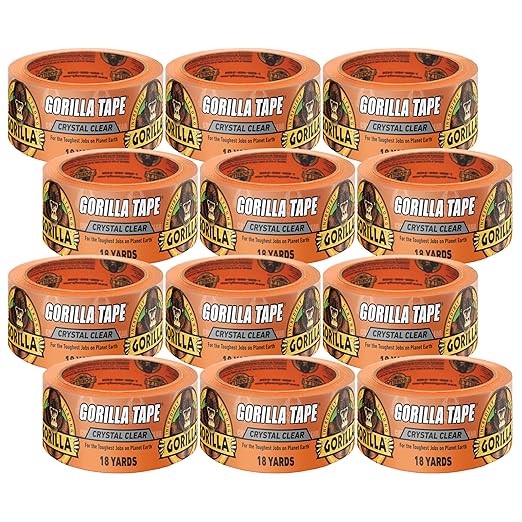 Gorilla Crystal Clear Tape, 1.88” x 18 yd (Pack of 12) - Weather Resistant for Indoor or Outdoor Projects and Repairs