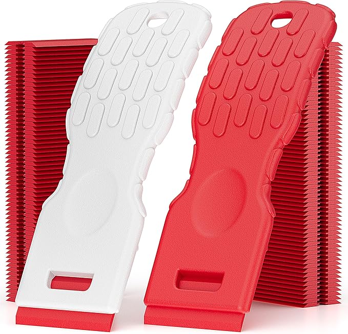 Dual-Width Plastic Razor Blade Scraper Tool Non Scratch - 2-Pack With 100 Blades, Single Or Double Wide Head, Removes Stickers, Labels, Decals, Adhesive & Paint On Glass, Cooktops, Car Windows & Tiles