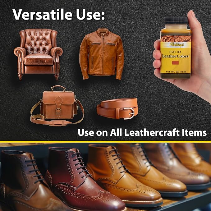 Fiebing's LeatherColors (4 Fl Oz, Light Tan) - Leather Dye for Natural Leather - Water-Based, Non-Flammable Formula - Permanent & Penetrating Color for Shoes, Boots, Furniture - Safe for Institutions