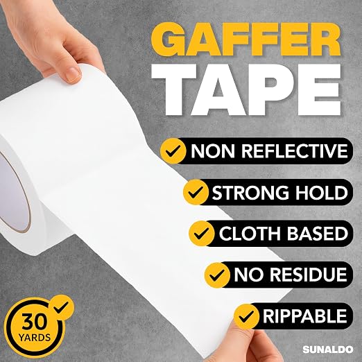 Gaffers Tape Heavy Duty, Easy to Rip, Residue-Free Professional Grade Floor Tape for Electrical Cords, Matte Finish Non Reflective, Weather Resistant (1, White, 4" x 30 Yards)