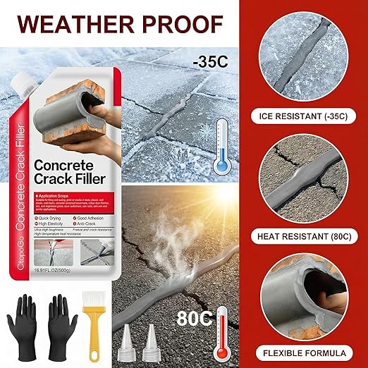 Concrete Crack Filler 2-Pack 2.2LB Grey, Self-Leveling High Elasticity Cement Sealant, Waterproof Repair Caulk for Driveway, Patio, Sidewalk, Garage, Basement– Professional-Grade Durability