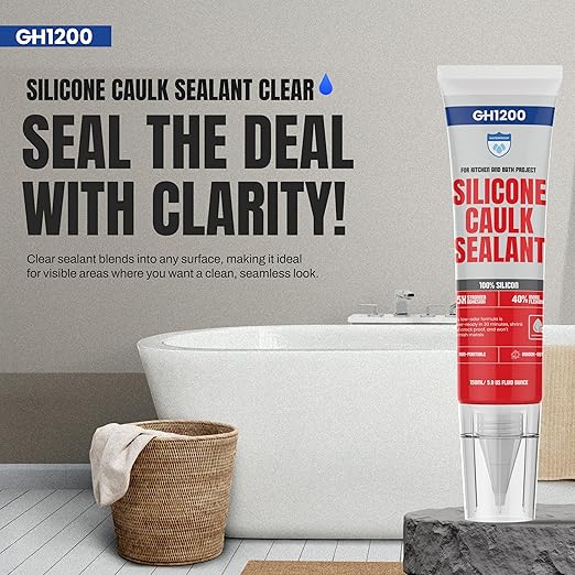 GH1200 150 ML/5 FL Oz Silicone Caulk Clear Silicone Sealant Waterproof, Kitchen & Bathroom Caulk - Shrink & Crack Proof - Indoor & Outdoor Use Silicone Glue - Strong Caulking Formula Tube