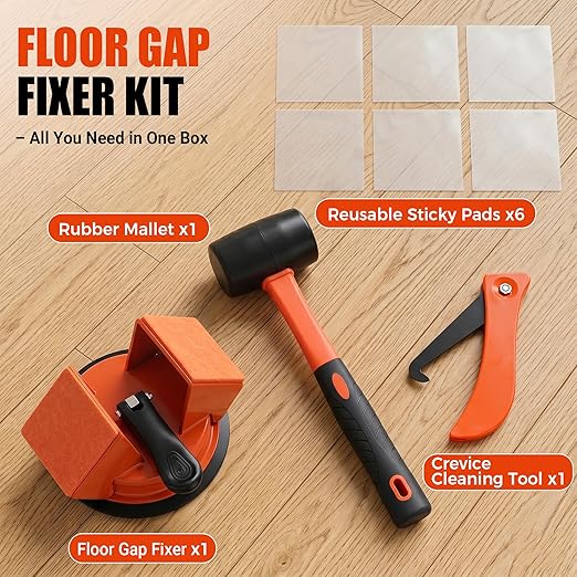 Floor Gap Fixer Tool: Flooring Repair Tool with Dual 45° Striking Surface & Suction Cup for Laminate & Vinyl Plank (LVP/SPC) Floors, Floor Gap Puller Kit with Rubber Mallet, 6 Sticky Pads & Scraper